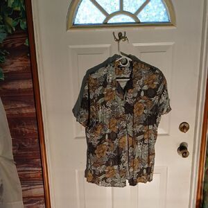 Express Floral Casual Button Down Shirt - Brown and Green RL58